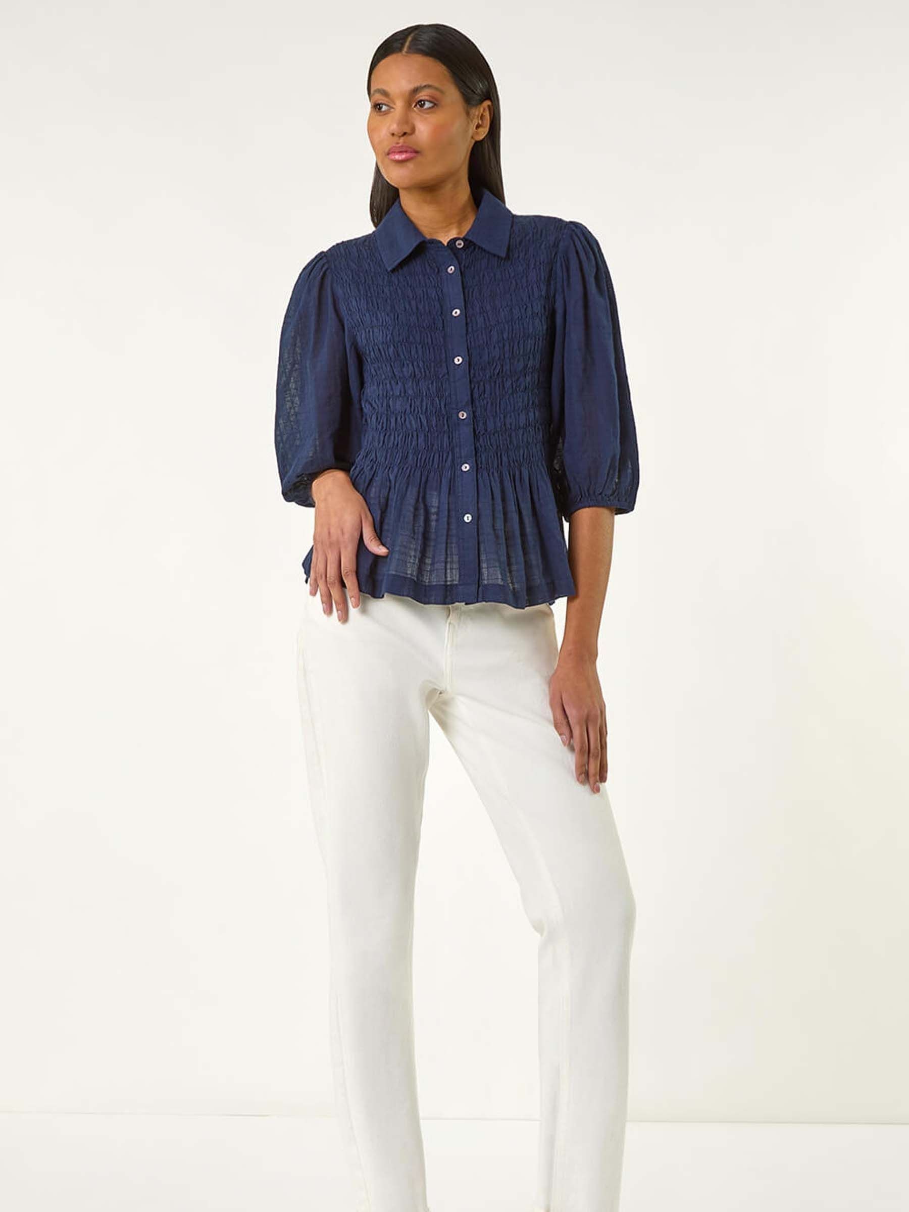 Buy Roman Blue Shirred Printed 100% Cotton Blouse from Next USA