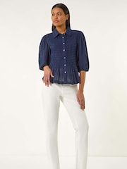 Roman Blue Shirred Printed 100% Cotton Blouse - Image 5 of 6