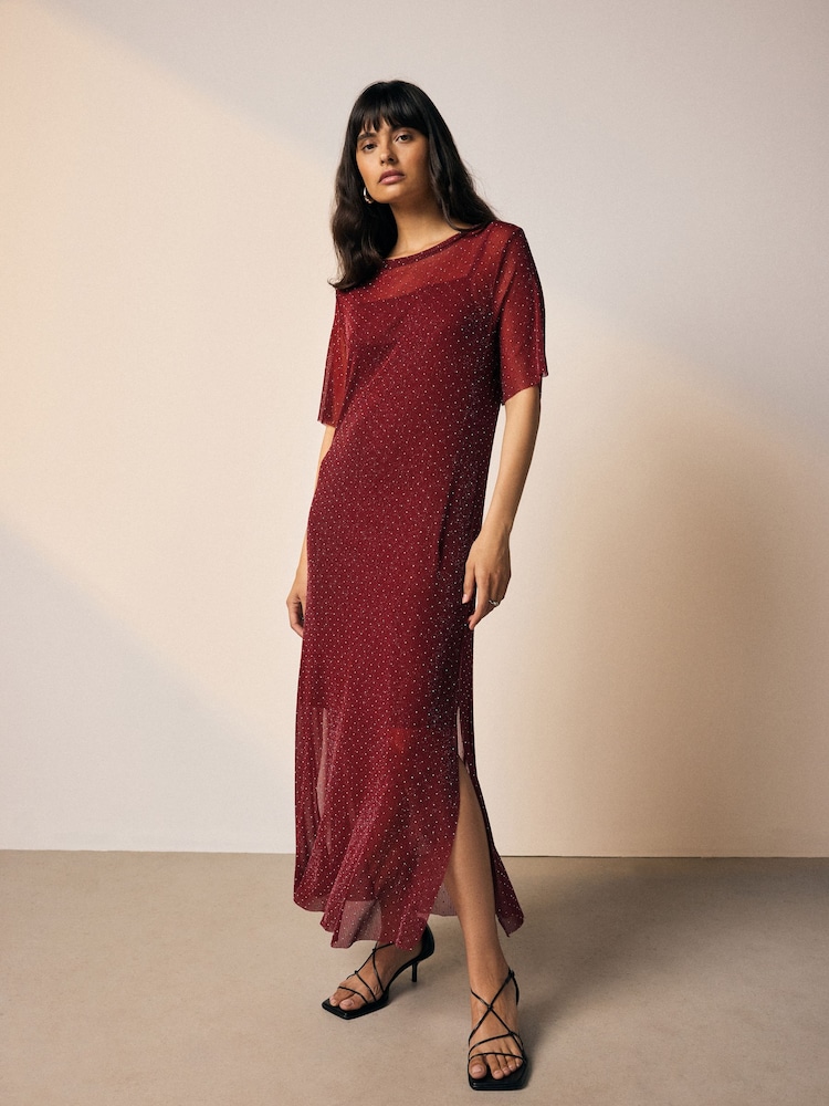Burgundy Red Hotfix T-Shirt Midi Dress - Image 1 of 8