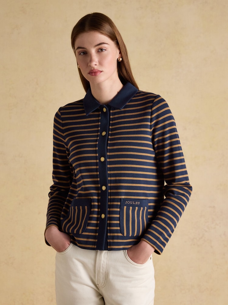 Joules Premium Ribbed Navy Tan 100% Cotton Jersey Cardigan - Image 1 of 8