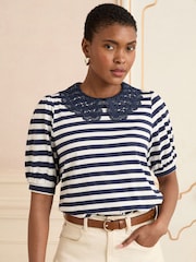 Love & Roses Navy and Ivory Stripe Lace Collar Jersey Short Sleeve T-Shirt - Image 1 of 4