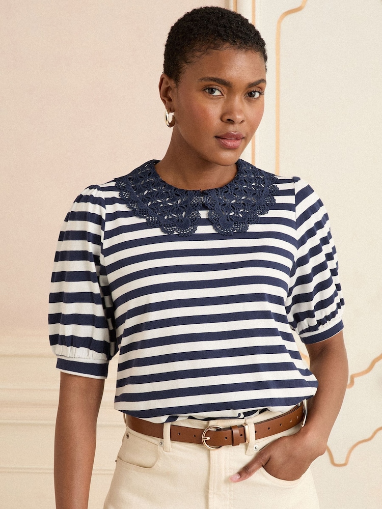 Love & Roses Navy and Ivory Stripe Lace Collar Jersey Short Sleeve T-Shirt - Image 1 of 4