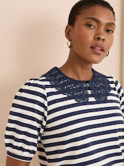 Love & Roses Navy and Ivory Stripe Lace Collar Jersey Short Sleeve T-Shirt - Image 2 of 4