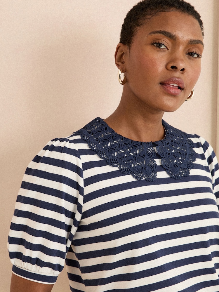 Love & Roses Navy and Ivory Stripe Lace Collar Jersey Short Sleeve T-Shirt - Image 2 of 4