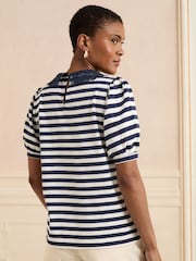 Love & Roses Navy and Ivory Stripe Lace Collar Jersey Short Sleeve T-Shirt - Image 4 of 4