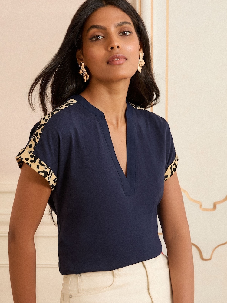 Love & Roses Navy Leopard Print Trim V-Neck Jersey T-Shirt - Image 1 of 4