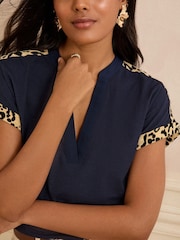 Love & Roses Navy Leopard Print Trim V-Neck Jersey T-Shirt - Image 2 of 4