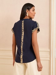 Love & Roses Navy Leopard Print Trim V-Neck Jersey T-Shirt - Image 4 of 4
