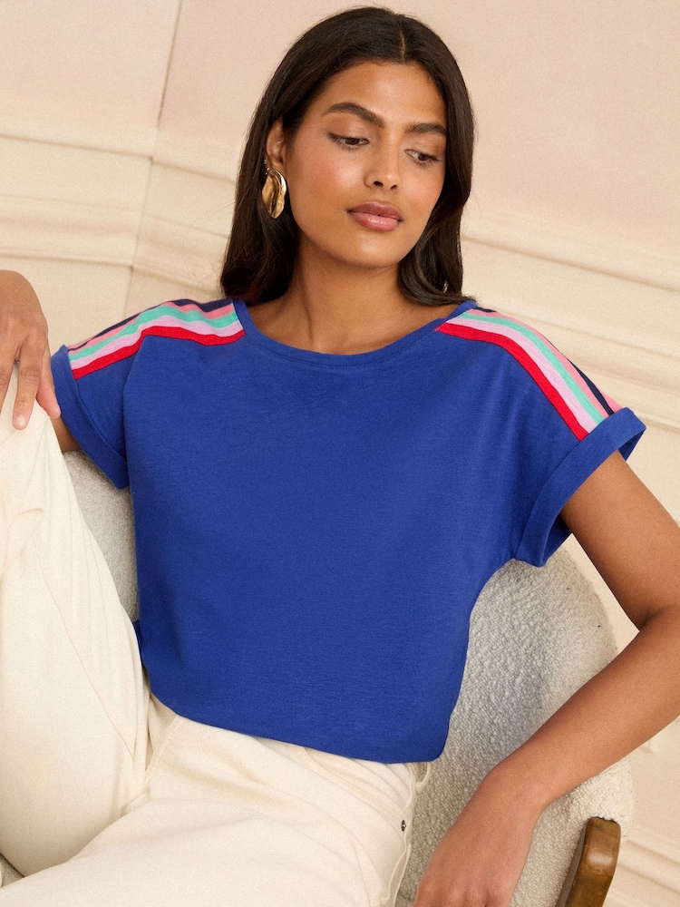 Love & Roses Cobalt Blue Rainbow Shoulder Stripe Crew Neck Jersey T-Shirt - Image 1 of 4 Love & Roses Cobalt Blue Rainbow Shoulder Stripe Crew Neck Jersey T-Shirt - Image 1 of 4