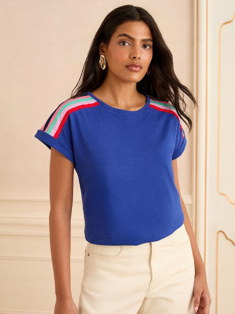 Love & Roses Cobalt Blue Rainbow Shoulder Stripe Crew Neck Jersey T-Shirt - Image 2 of 4 Love & Roses Cobalt Blue Rainbow Shoulder Stripe Crew Neck Jersey T-Shirt - Image 2 of 4