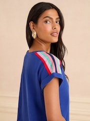 Love & Roses Cobalt Blue Rainbow Shoulder Stripe Crew Neck Jersey T-Shirt - Image 4 of 4