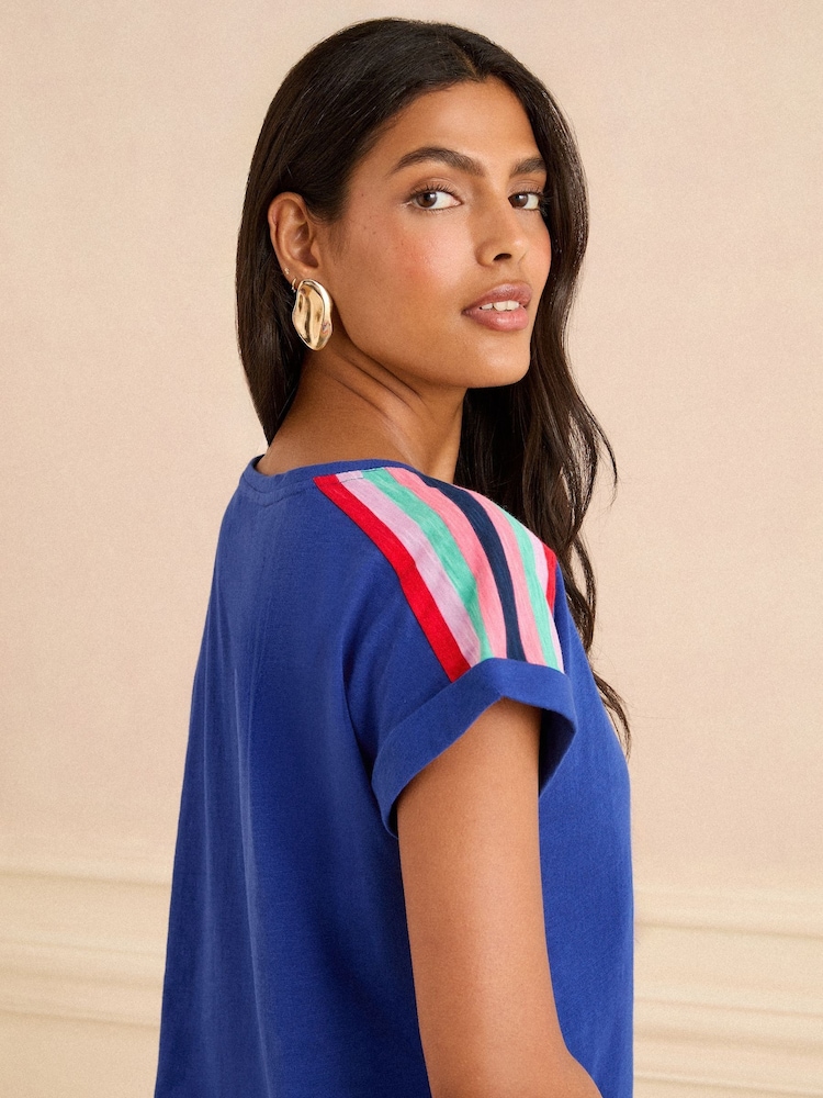 Love & Roses Cobalt Blue Rainbow Shoulder Stripe Crew Neck Jersey T-Shirt - Image 4 of 4 Love & Roses Cobalt Blue Rainbow Shoulder Stripe Crew Neck Jersey T-Shirt - Image 4 of 4