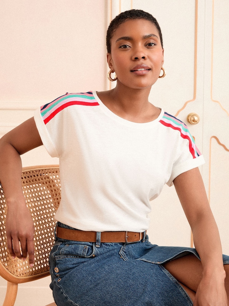 Love & Roses Ivory Rainbow Shoulder Stripe Crew Neck Jersey T-Shirt - Image 1 of 4