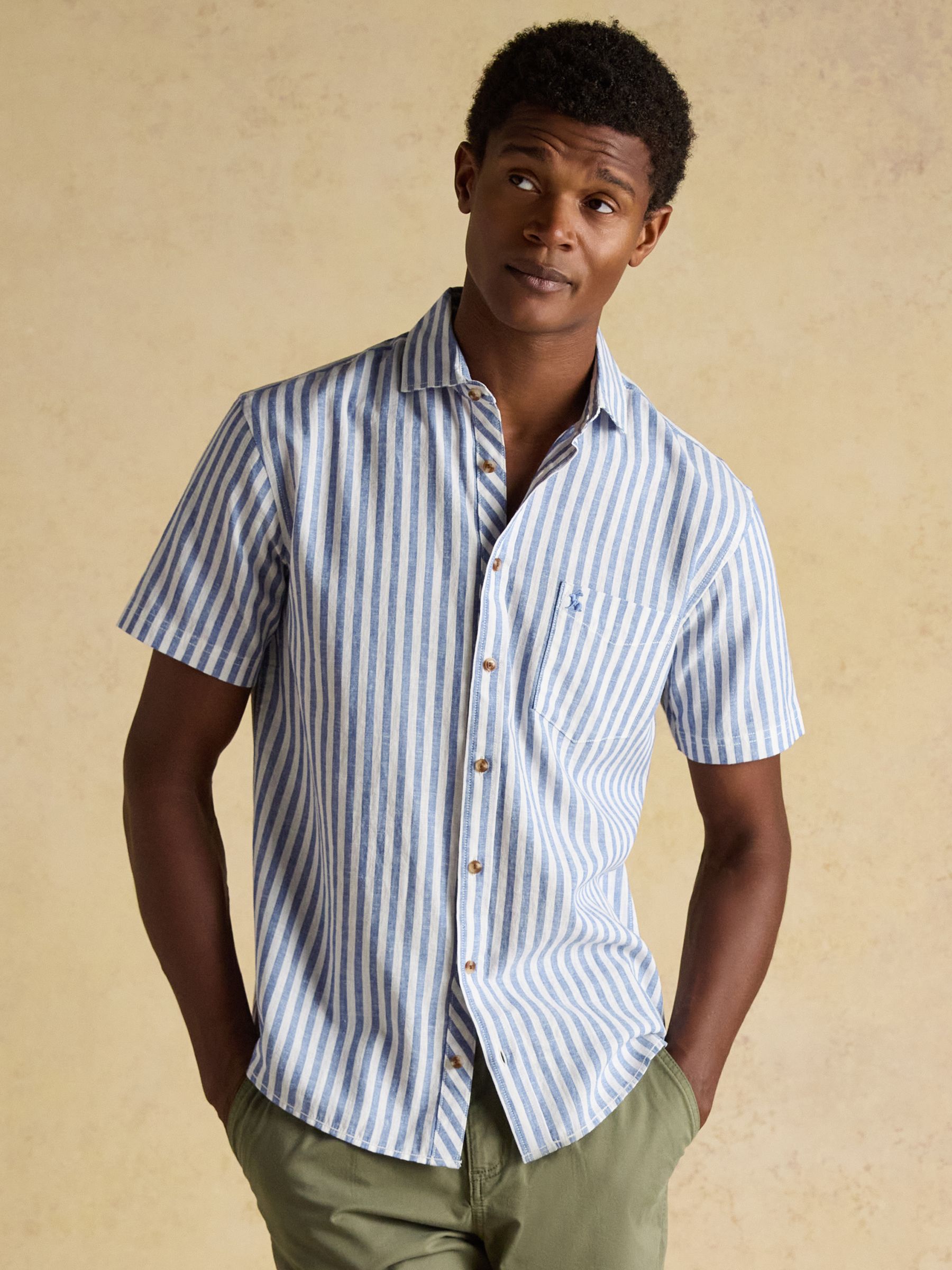 Buy Joules Blue & White Striped Linen Blend Short Sleeve Shirt