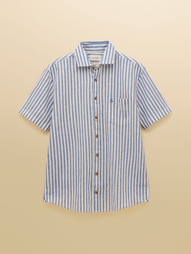 Joules Linen Blend Blue and White Short Sleeve Shirt - Image 9 of 9