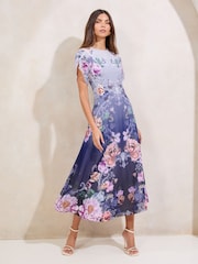 Lipsy Blue Print Ombre Floral Print Tulip Sleeve Fit And Flare Midi Dress - Image 1 of 4