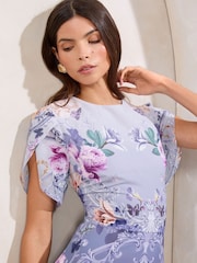 Lipsy Blue Print Ombre Floral Print Tulip Sleeve Fit And Flare Midi Dress - Image 2 of 4