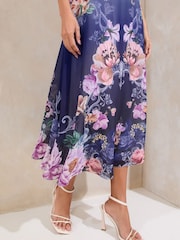 Lipsy Blue Print Ombre Floral Print Tulip Sleeve Fit And Flare Midi Dress - Image 3 of 4