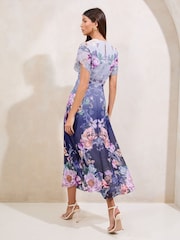 Lipsy Blue Print Ombre Floral Print Tulip Sleeve Fit And Flare Midi Dress - Image 4 of 4