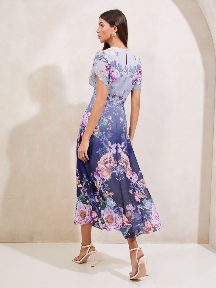 Lipsy Blue Print Ombre Floral Print Tulip Sleeve Fit And Flare Midi Dress - Image 4 of 4