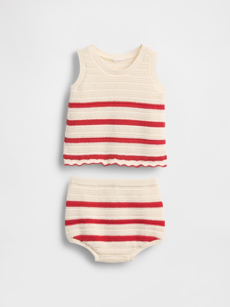 Gap White/Red Stripe Crochet Sleeveless Top & Shorts Set (Newborn-24mths) - Image 1 of 3