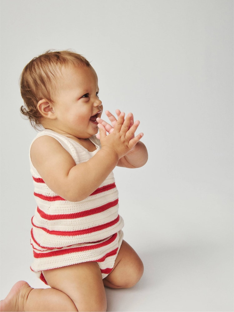 Gap White/Red Stripe Cotton Crochet Sleeveless Top & Shorts Set (Newborn-24mths) - Image 4 of 4