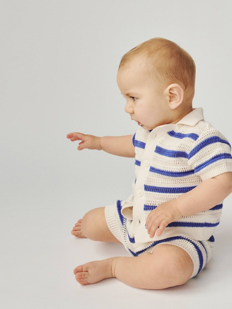Gap Blue Stripe Cotton Crochet Polo Shirt Outfit Set (Newborn-24mths) - Image 4 of 4