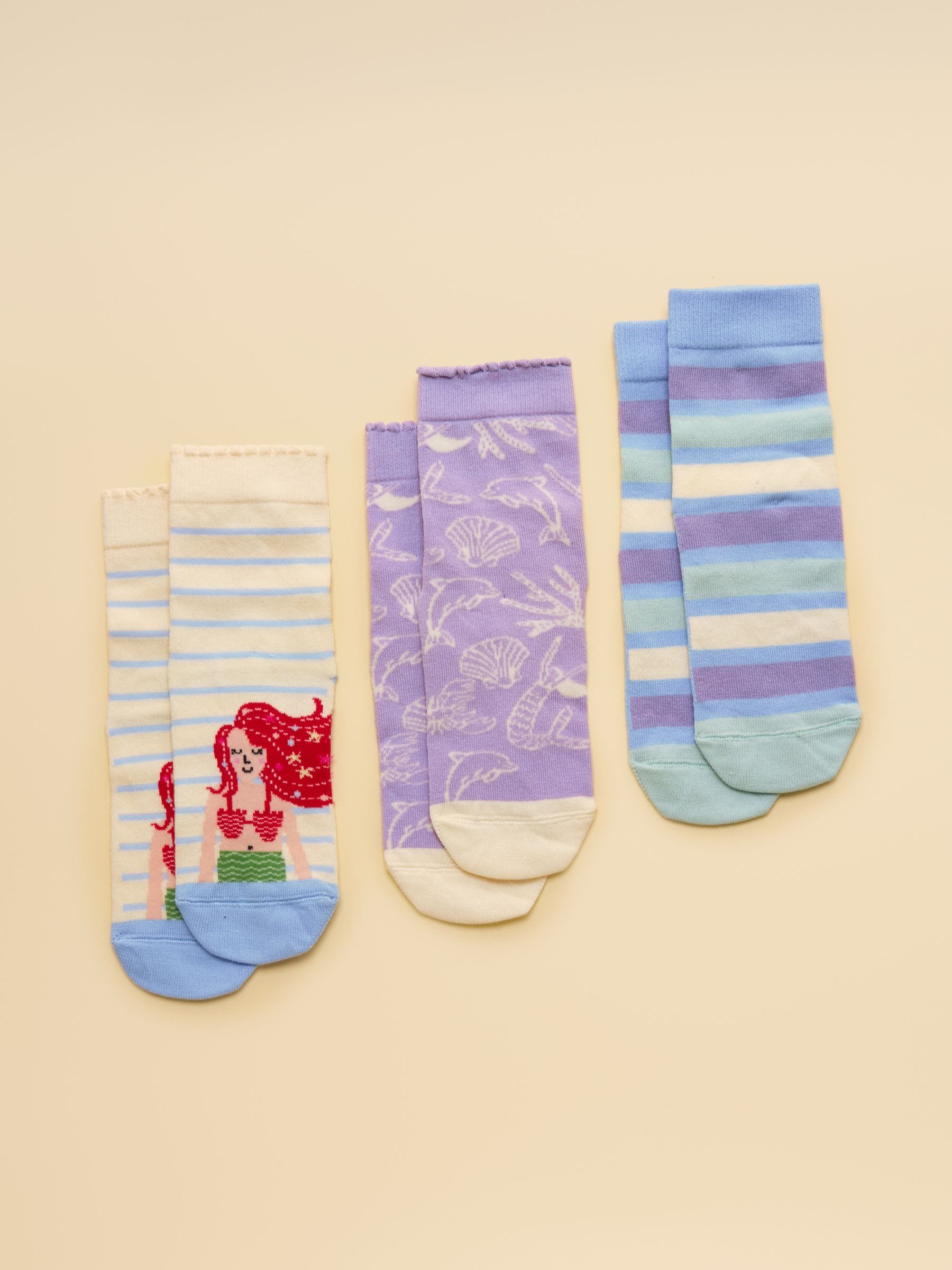 Joules Girls Kid's Neat Feet 3 Pack Socks Blue Mermaid Size 9-12 Jnr Kids