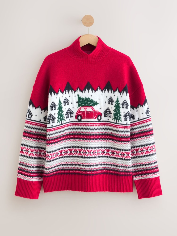 Pull De Noël Rouge Next Fille 3-4 Ans - Imprimé Festif - Mélange Coton - Occasion Parfait état