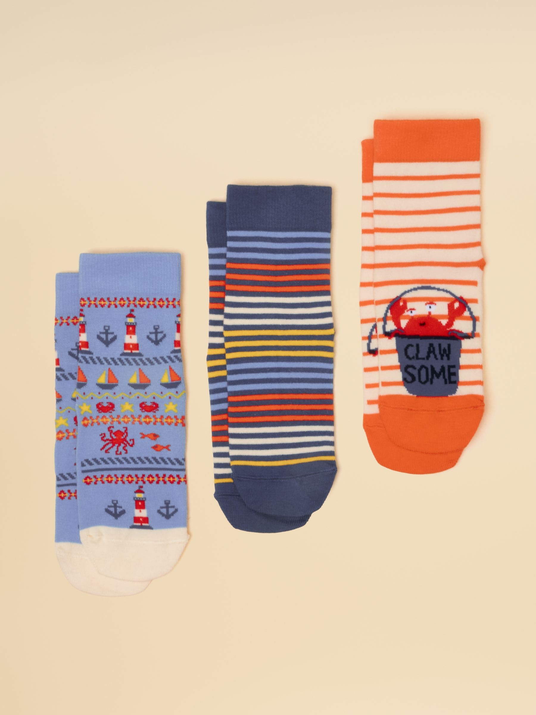 Joules Boys Kid's Eat Feet Socks 3 Pack Blue Crab Size 9-12 Jnr Kids