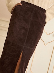 Love & Roses Chocolate Brown Real Suede Front Slit Midi Skirt - Image 2 of 4