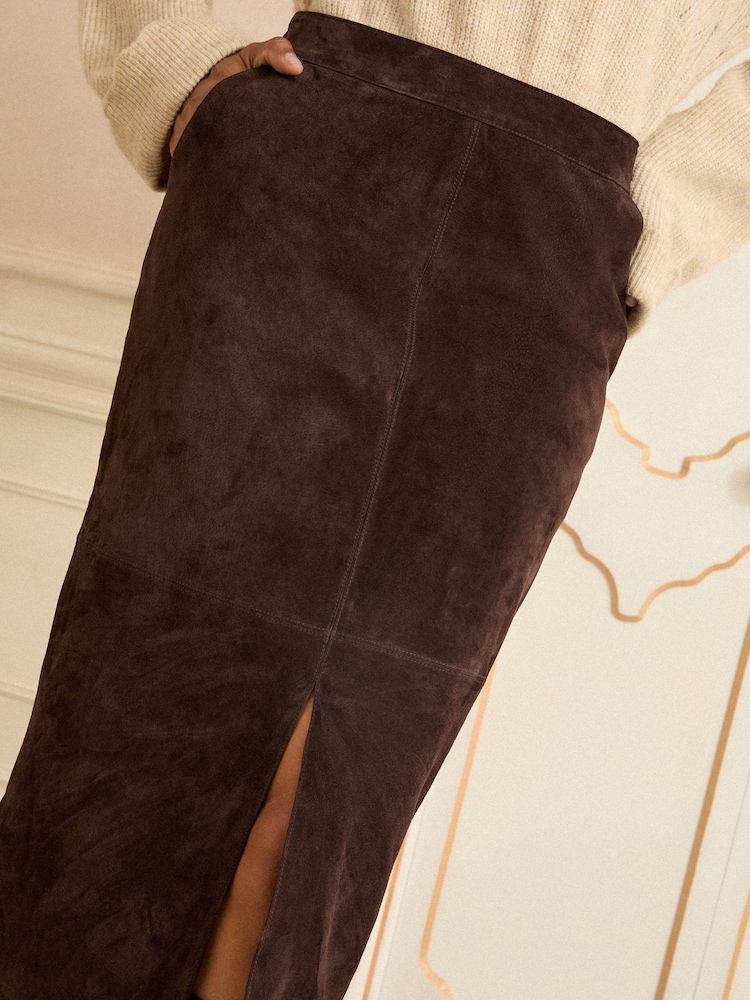 Love & Roses Chocolate Brown Real Suede Front Slit Midi Skirt - Image 2 of 4