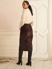Love & Roses Chocolate Brown Real Suede Front Slit Midi Skirt - Image 4 of 4