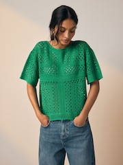 Green Short Sleeve Crochet Crew Neck T-Shirt - Image 1 of 6