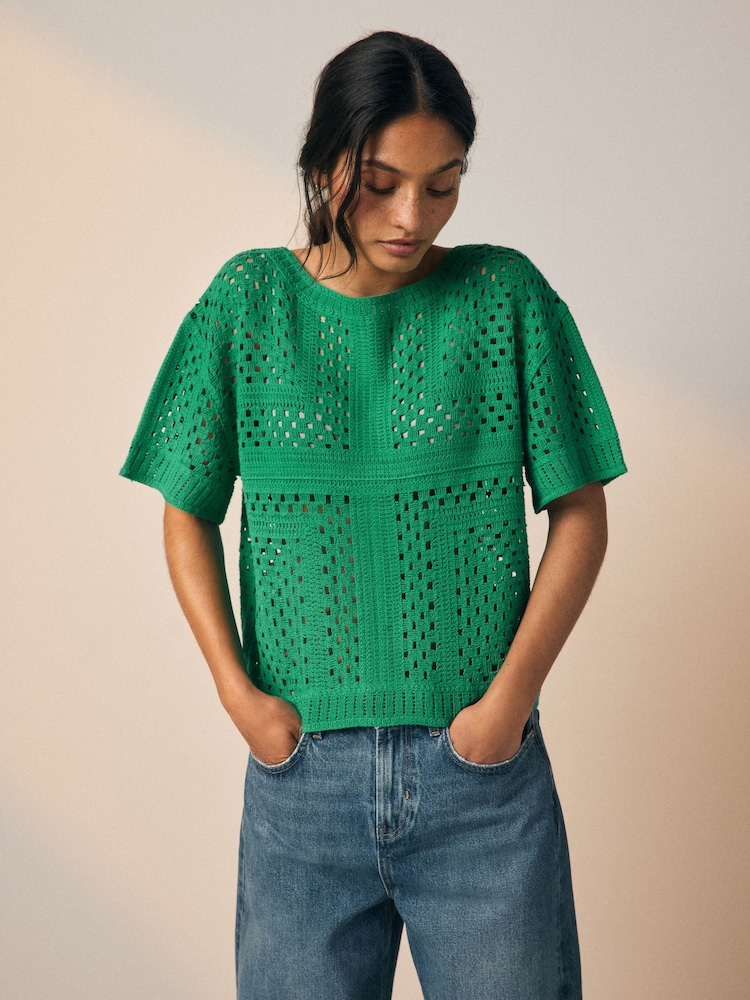 Green Short Sleeve Crochet Crew Neck T-Shirt - Image 1 of 6