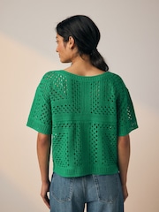 Green Short Sleeve Crochet Crew Neck T-Shirt - Image 2 of 6