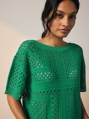 Green Short Sleeve Crochet Crew Neck T-Shirt - Image 3 of 6