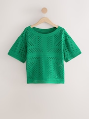 Green Short Sleeve Crochet Crew Neck T-Shirt - Image 4 of 6