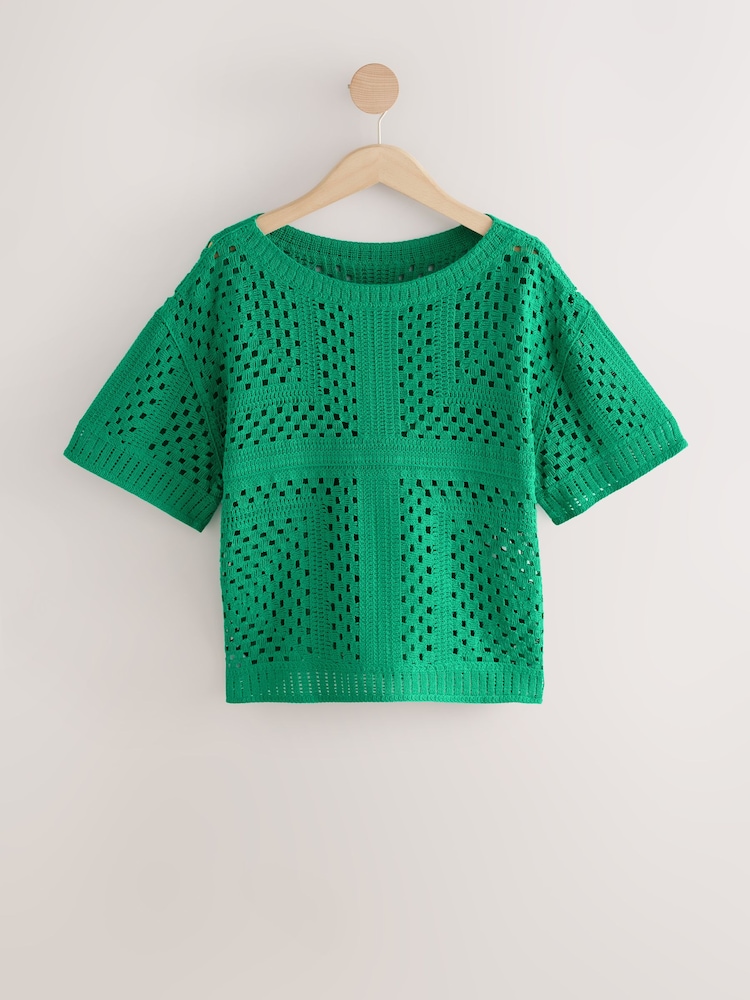 Green Short Sleeve Crochet Crew Neck T-Shirt - Image 4 of 6
