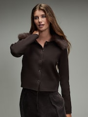 Chocolate Brown Compact Cosy Soft Faux Fur Detatchable Neck Detail Long Sleeve Cardigan - Image 1 of 4