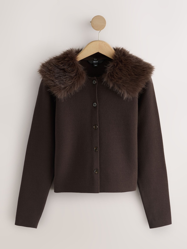 Chocolate Brown Compact Cosy Soft Faux Fur Detatchable Neck Detail Long Sleeve Cardigan - Image 2 of 4
