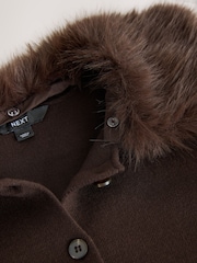 Chocolate Brown Compact Cosy Soft Faux Fur Detatchable Neck Detail Long Sleeve Cardigan - Image 3 of 4