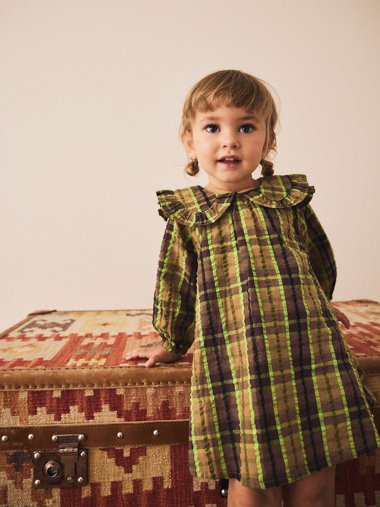 Chocolate/Lime Check Frill Collar Long Sleeve Dress (3mths-8yrs) - Image 1 of 8