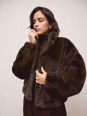 Chocolate Brown Soft Touch Faux Fur Funnel Neck Bomber Jacket - Image 1 of 3
