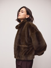 Chocolate Brown Soft Touch Faux Fur Funnel Neck Bomber Jacket - Image 2 of 3