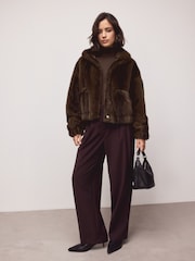 Chocolate Brown Soft Touch Faux Fur Funnel Neck Bomber Jacket - Image 3 of 3