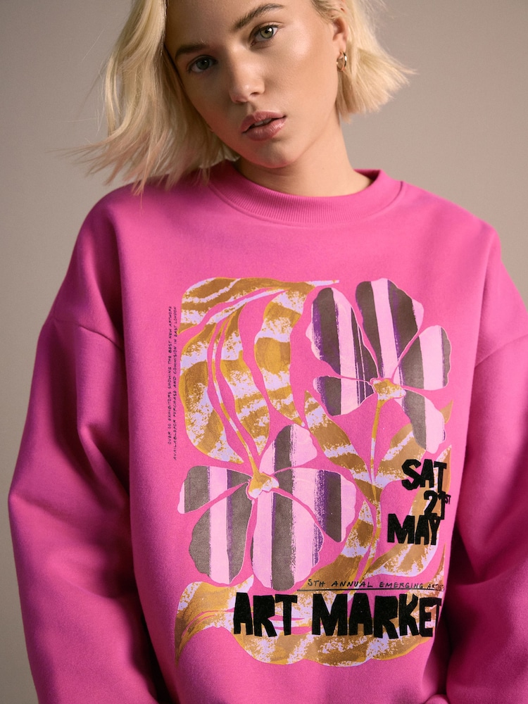 Pink Cotton Rich Fruit Art Graphic Longsleeve Crewneck Sweatshirt - Image 1 of 7