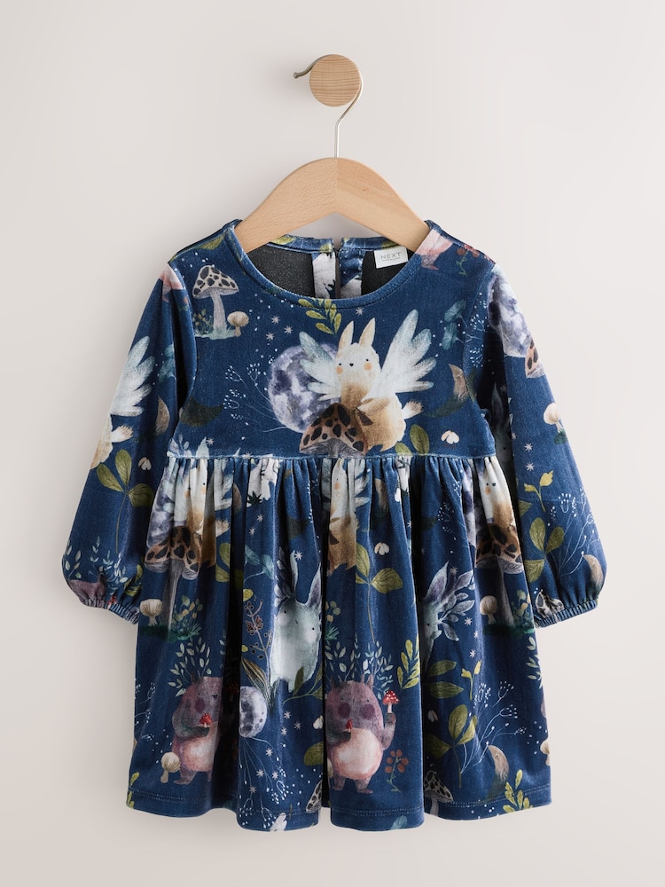 Navy Character Printed Velvet Dress (3mths-8yrs) - Image 1 of 5