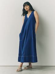 Mid Blue Denim V-Neck Sleeveless Maxi Dress - Image 1 of 7