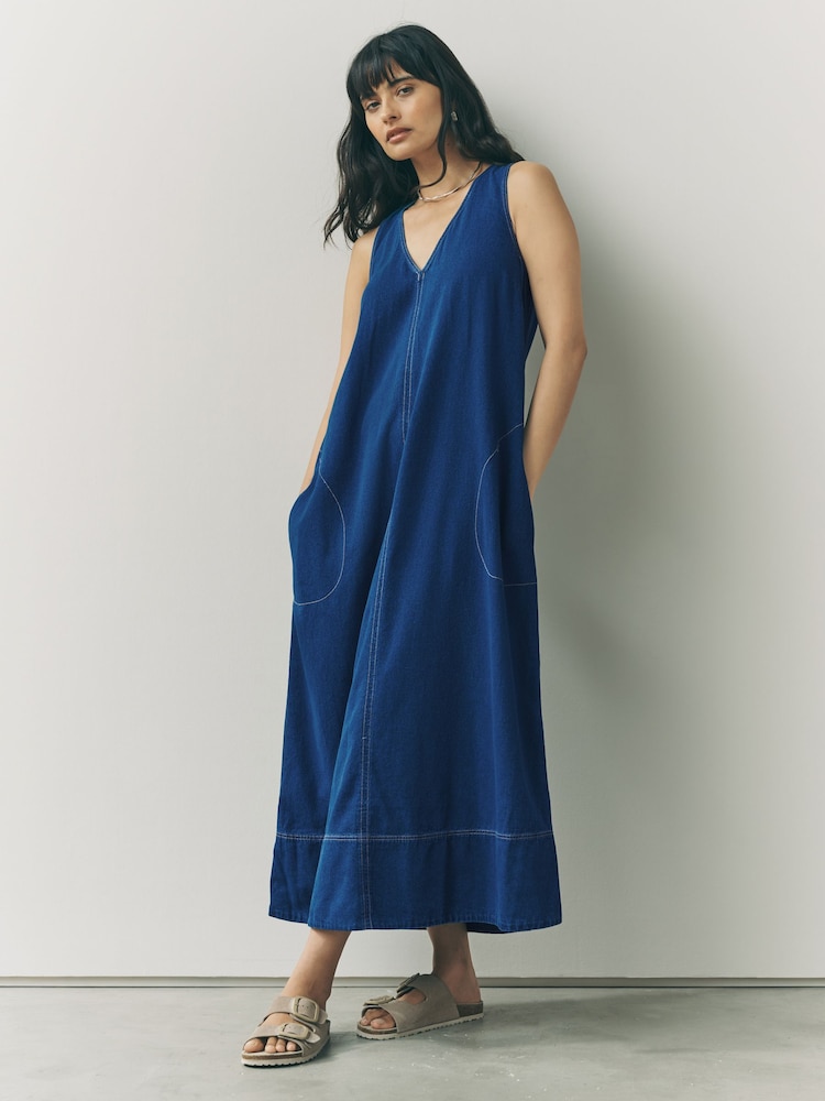 Mid Blue Denim V-Neck Sleeveless Maxi Dress - Image 1 of 7 Mid Blue Denim V-Neck Sleeveless Maxi Dress - Image 1 of 7